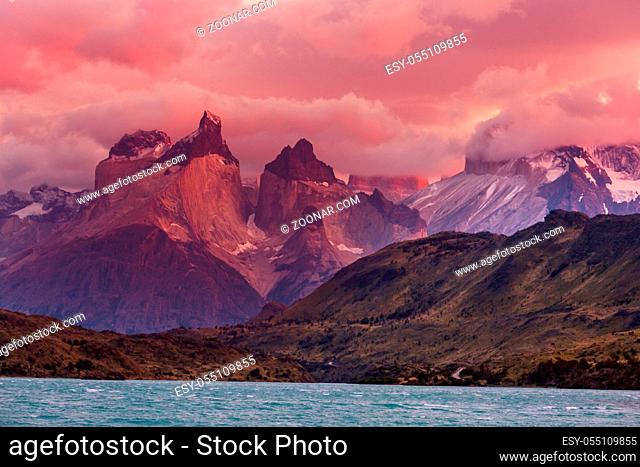 Beautiful mountain landscapes in Torres Del Paine National Park, Chile. World famous hiking region