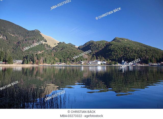 Lake Spitzingsee with the hotel Arabella Alpenhotel, Schliersee, Upper Bavaria, Bavaria, South Germany, Germany