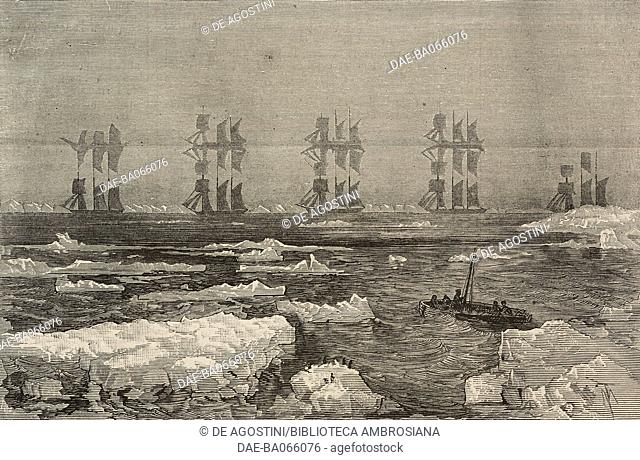 Effect of a mirage, sailboats reflected in the ice, engraving from Voyage au pole Nord des navires Hansa and Germania, by Jules Gourdault