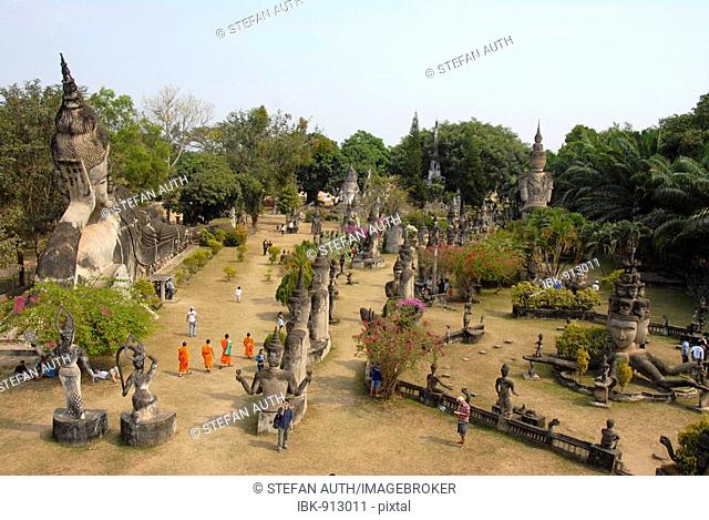 Aerial view of the buddhist statues in the Buddha Park Suan Xieng Khuan near Vientiane, Laos, Southeast Asia