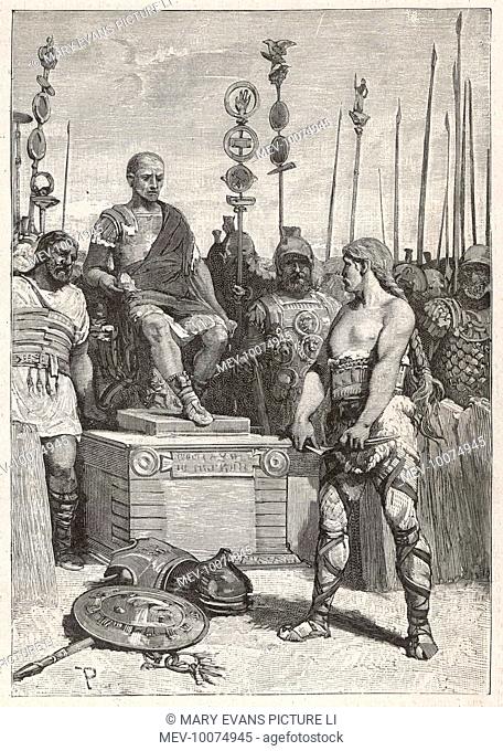 The leader of the Gauls, Vercingetorix, lays his arms before Caesar