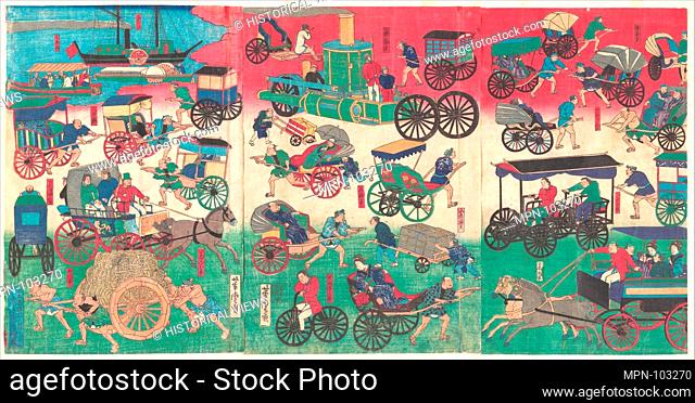 Vehicles on the Streets of Tokyo. Artist: Utagawa Yoshitora (Japanese, active ca. 1850-80); Period: Edo period (1615-1868); Date: 1870; Culture: Japan; Medium:...