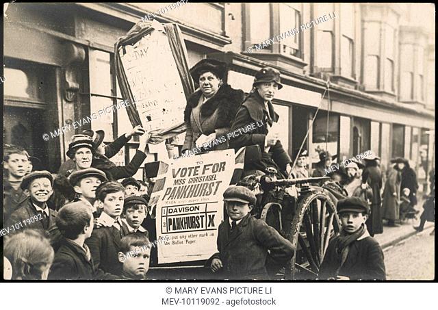 Flora Drummond ('The General) & Phyllis Ayrton campaigning for Christabel Pankhurst in Smethwick. Christabel represented the Women's Party in 1918 & 1919