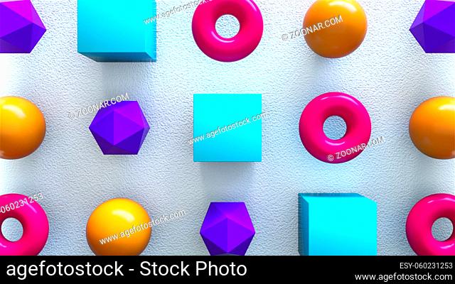 Low poly 3d render of sphere with simple cubes. Minimalist rings in trendy movement dynamic primitivism. Vivid shapes with highlights and creative glossy...