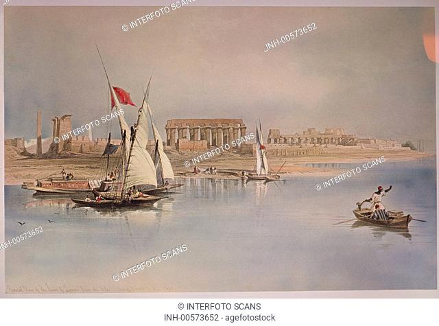 Archäologie, Ägypten, Lithografie von David Roberts Blick vom Nil auf die Ruinen der Tempel von Luxor, London 1838, Kunst, historisch