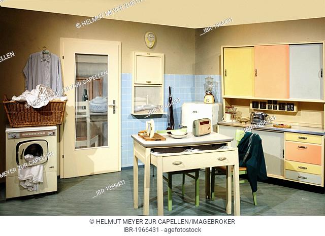 Kitchen from around 1960, on the left an electric washing machine, Museum for Industrial Culture, Aeussere Sulzbacher Strasse 60-62, Nuremberg, Middle Franconia
