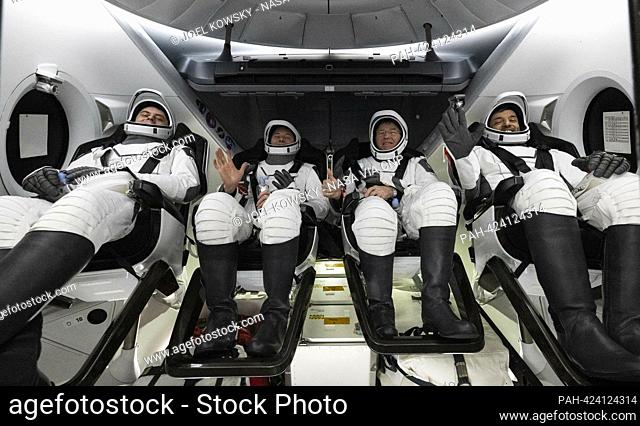 Roscosmos cosmonaut Andrey Fedyaev, left, NASA astronaut Warren “Woody"" Hoburg, second from left, NASA astronaut Stephen Bowen, second from right
