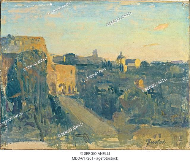 Palatine Hill (Palatino), by Amerigo Bartoli, 20th Century, oil on lined cardboard, 20 x 26 cm. Italy, Lazio, Rome, Banca Nazionale del Lavoro