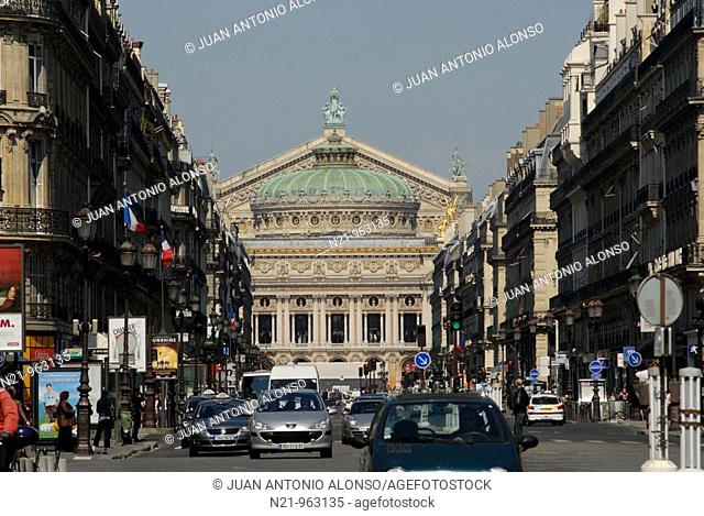 Avenue de L’Opera with  the Palais Garnier or Opera National de Paris Garnier in the background, Paris, France