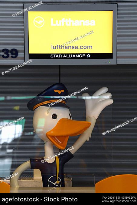 15 June 2020, Hessen, Frankfurt/Main: A plastic figure of a duck stands behind a plexiglass panel at the Lufthansa family check-in counter in Terminal 1 of...