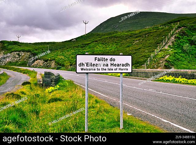 Welcome to the Isle of Harris sign in Gaelic and English, Isle of Lewis and Harris, Outer Hebrides, Scotland