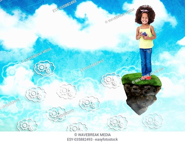 Young Girl on floating rock platform in sky holding phone with cog graphic clouds