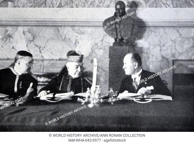 Rome - February 11, 1929 - S. EM. Cardinal Pietro Gasparri, Plenipotentiary of SS Pius XI, and S.E. Cav. Benito Mussolini, Plenipotentiary of S. M