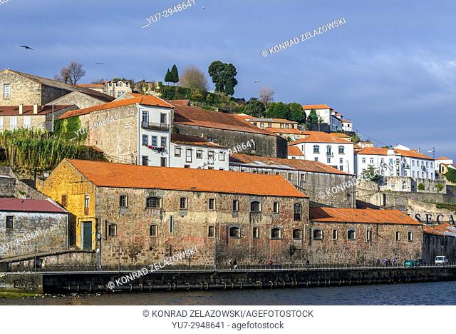 Old port wine cellars on Cais de Gaia street in Vila Nova de Gaia city, Portugal