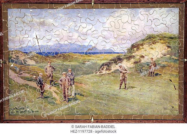 Jigsaw puzzle of golfers on Prestwick golf course, Scotland, c1914. Handcut wooden puzzle of Michael Brown's picture used in the Life Association of Scotland...