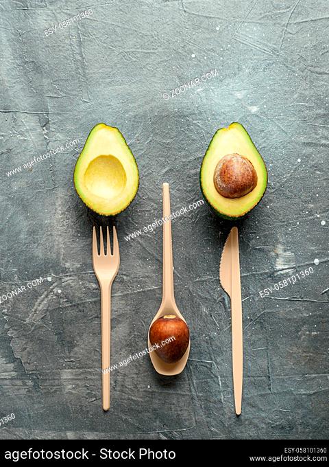Avocado Seeds Biodegradable Single-Use Cutlery. Bioplastic - Great alternative to plastic disposable cutlery. Top view, flat lay