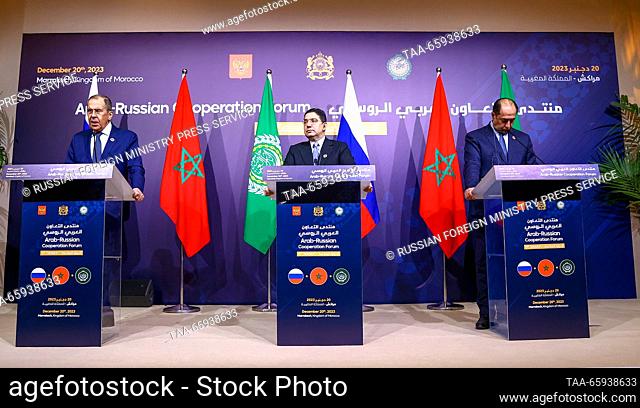 MOROCCO, MARRAKECH - DECEMBER 20, 2023: Russia's Foreign Minister Sergei Lavrov, his Moroccan counterpart Nasser Bourita