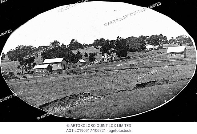 Negative - Nareen, Victoria, circa 1905, The Nareen settlement showing the original bluestone hall (built in 1865), the new hall