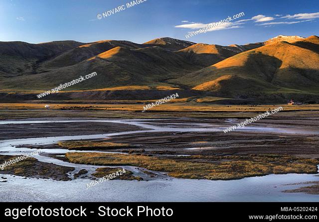 Rivers and streams on the Tibetan plateau with nomadic camp, Qinghai Province, China