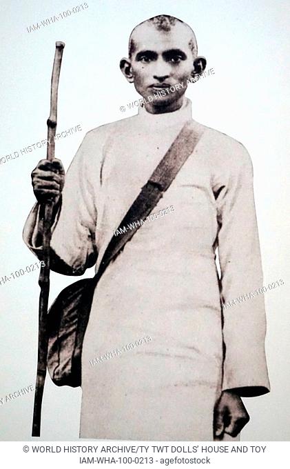 Young Satyagraha and future Mahatma Gandhi with a haversack and a stick. South Africa, Mohandas Karamchand Gandhi 1869 – 1948)