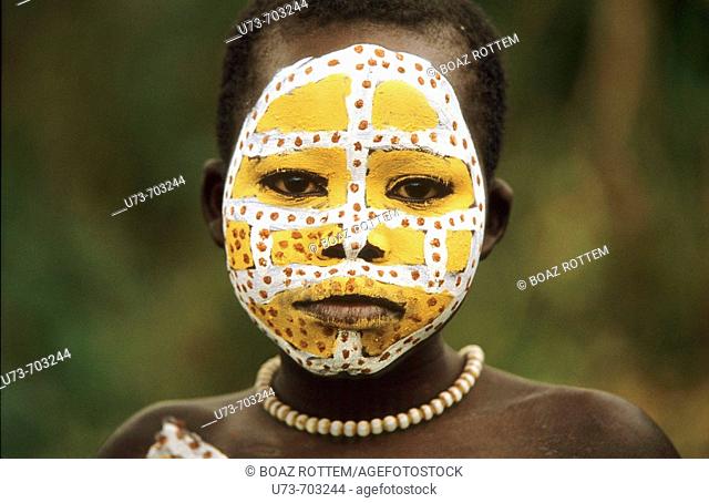 Portrait of a colorful Surma girl, Ethiopia
