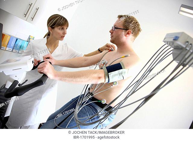 Medical practice, stress ECG, test to measure the cardiac function of a patient on a cardio machine
