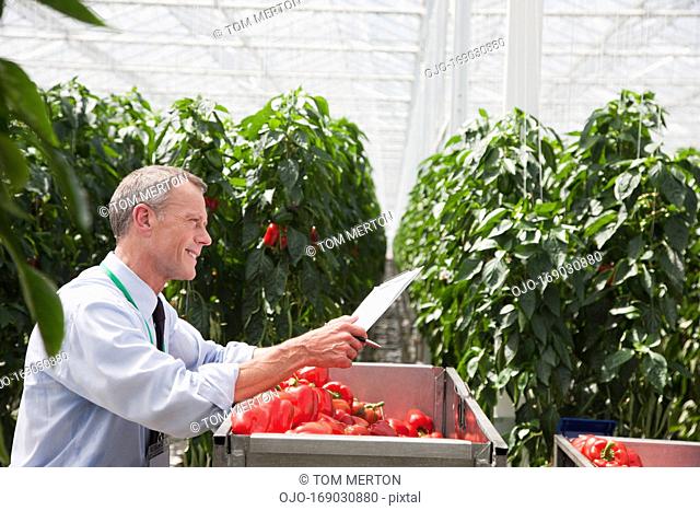 Technician with clipboard examining produce