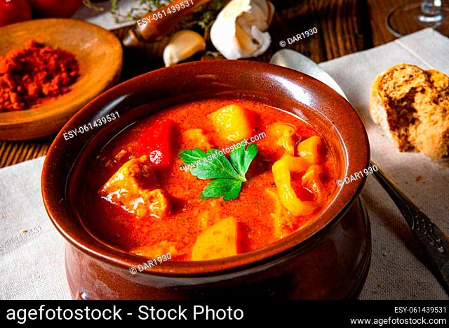 Hungarian goulash soup in a cauldron or pot