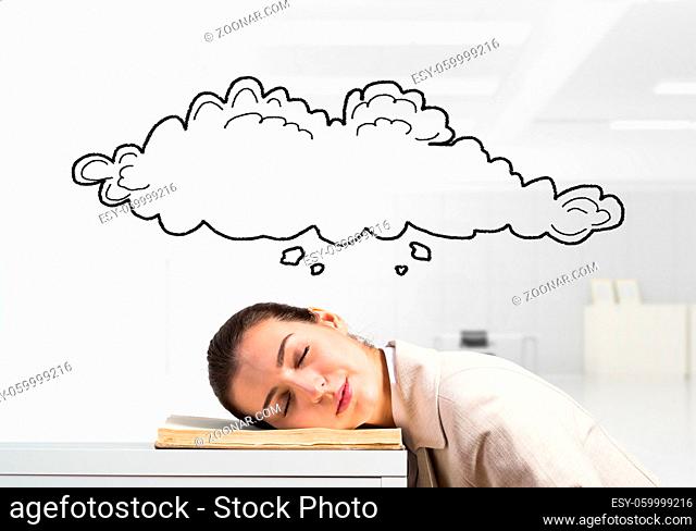 Exhausted business woman sleeping on desk. Tired corporate employee relaxing in office. Female worker in white suit dreaming