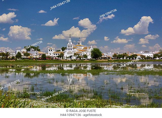Spain, Europe, Andalucia, Region, Huelva, Province, El Rocio Hermitage, near Coto de Dona Ana, Huelva, architecture, church, colourful, famous, flowers