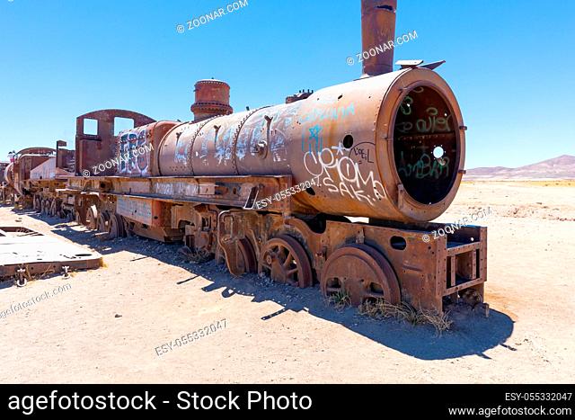 Uyuni Bolivia October 22 The cemetery of locomotive and wagons in Uyuni is the first stop in the salt desert tour of Uyuni. Shoot on October 22, 2019