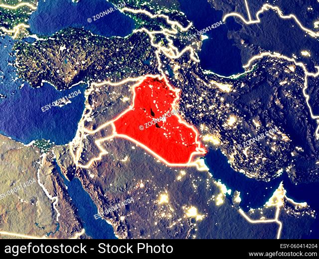 Iraq from space on Earth at night. Very fine detail of the plastic planet surface with bright city lights. 3D illustration