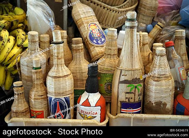 Bottles of grog, Grogue, Mercado Municipal, Market Hall, Mindelo, Sao Vicente Island, Cape Verde, Africa
