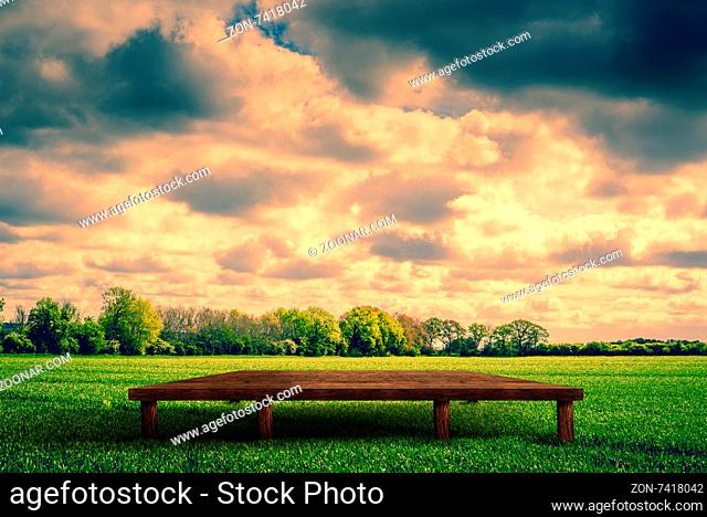 Countryside scenery with a wooden stage
