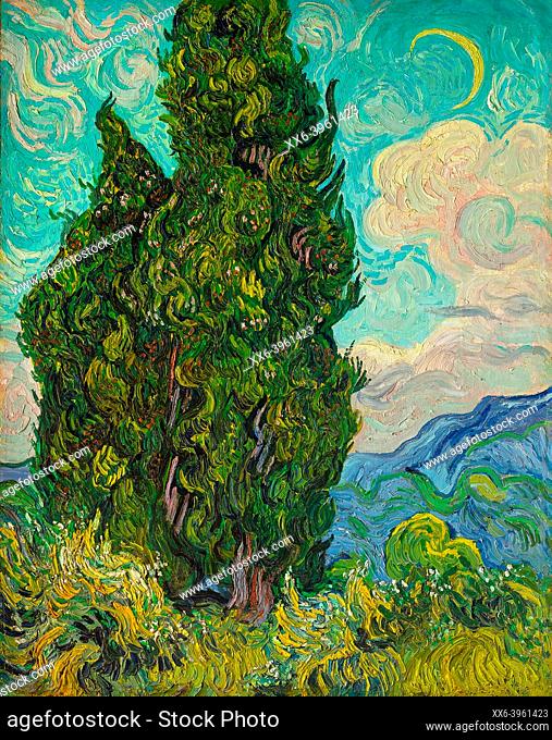 Van Gogh, Cypresses, is an oil painting on canvas 1889 - by Dutch painter Vincent Willem van Gogh (1853–1890).