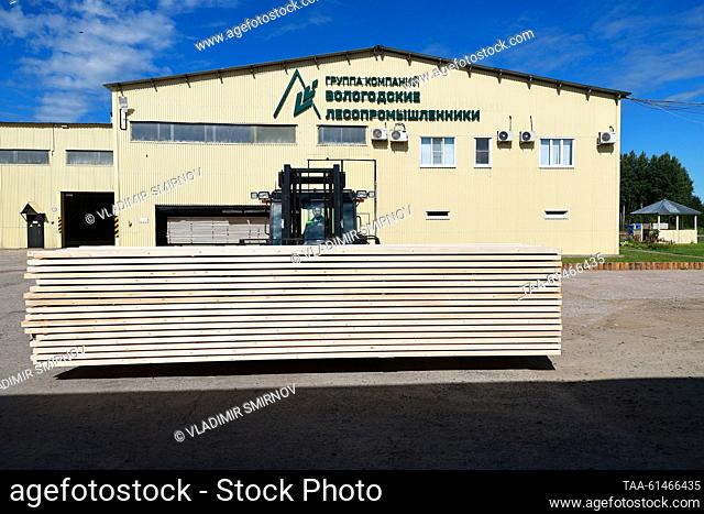 RUSSIA, VOLOGDA REGION - AUGUST 22, 2023: A forklift handles a shipment of sawn timber at LDK No 2, a timber factory based in Vytegra and owned by Vologda...