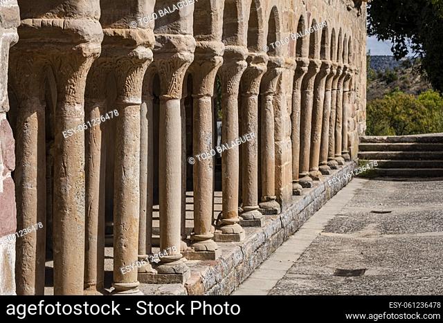 arcaded gallery of semicircular arches on paired columns, Church of the Savior, 13th century rural Romanesque, Carabias, Guadalajara, Spain