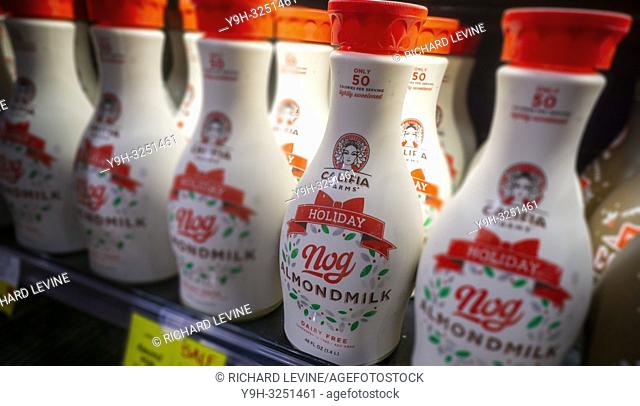 Bottles of Califia brand "Holiday Nog", made with almond milk in a supermarket in New York on Thursday, November 8, 2018