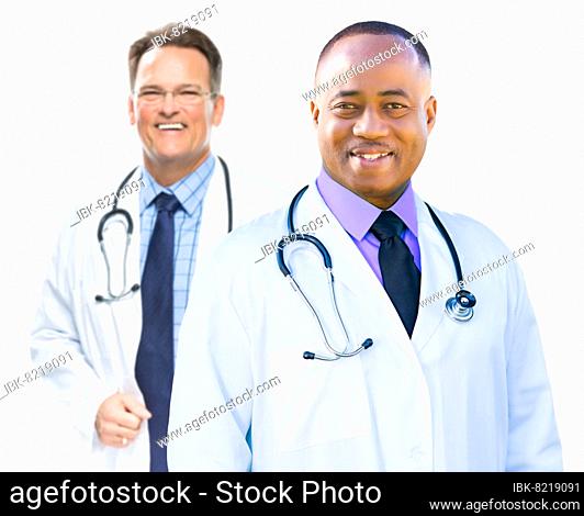 African american and caucasian male doctors isolated on a white background