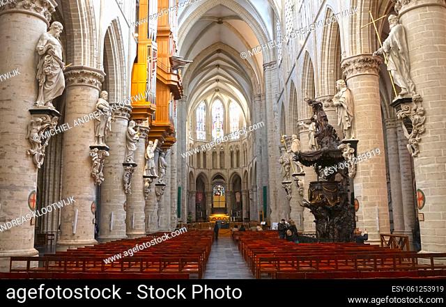Brussels, Belgium on Februari 25, 2022 - Interior of the Cathedral of St. Michael and St. Gudula, one of the largest Cathedrals of Belgium