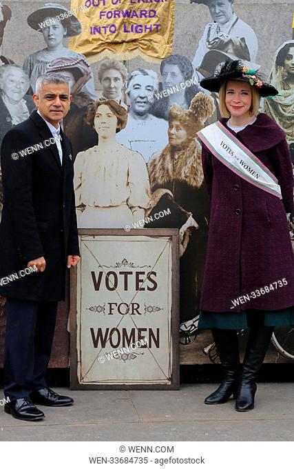 The Mayor of London, Sadiq Khan launches an exhibition in Trafalgar Square to mark the centenary of the first women in the UK securing the right to vote