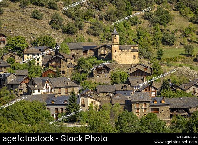 Village of Lladrós in the Cardós valley, with green and spring-like surroundings at the end of summer (Pallars SobirÃ , Lleida, Catalonia, Spain, Pyrenees)