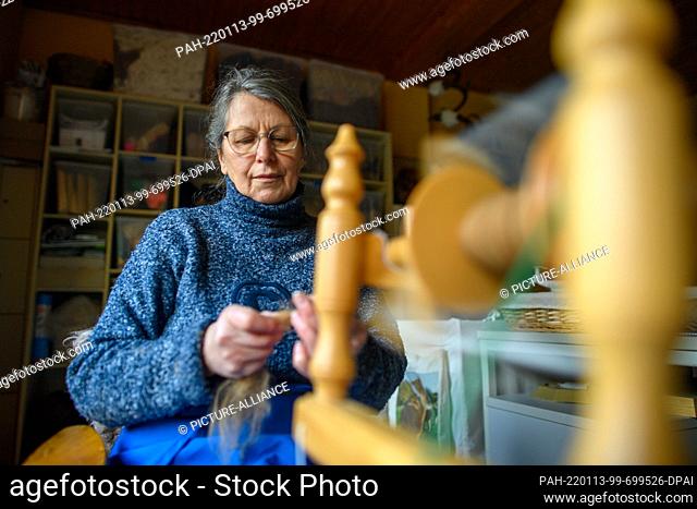 13 January 2022, Saxony-Anhalt, Zernitz: Heidi Rühlich sits at a spindle in the farm store of ""Alpacahof Zwei Eichen"" and spins alpaca wool