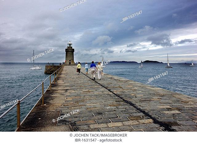 Pier with lighthouse at Castle Cornet, port fortress, entrance to the port of St. Peter Port, Guernsey, Channel Islands, Europe