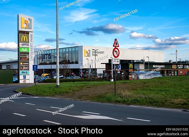 Dilbeek, Flemish Brabant, Belgium, March 11, 2023 - The Dansaert Park, a commercial suburb site with fashion and utility shops