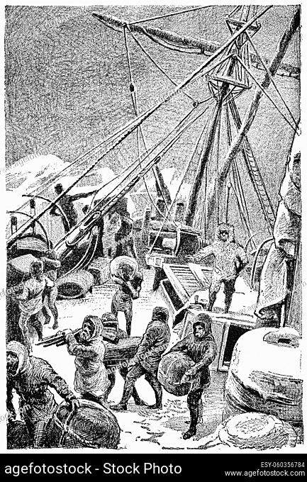 Polar research sailing-motor schooner Admiral Tegetgoff in pack ice, May 1874. Illustration of the 19th century. White background
