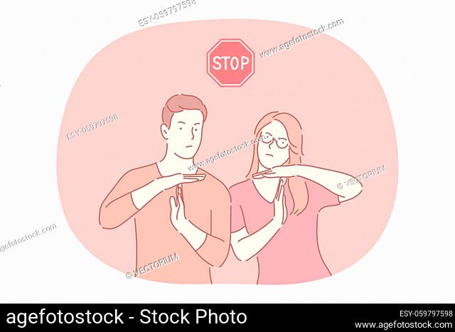 Stop, prohibiting gesture and sign concept. Young serious couple cartoon characters showing stop prohibiting interruption gesture with hands and red stop road...