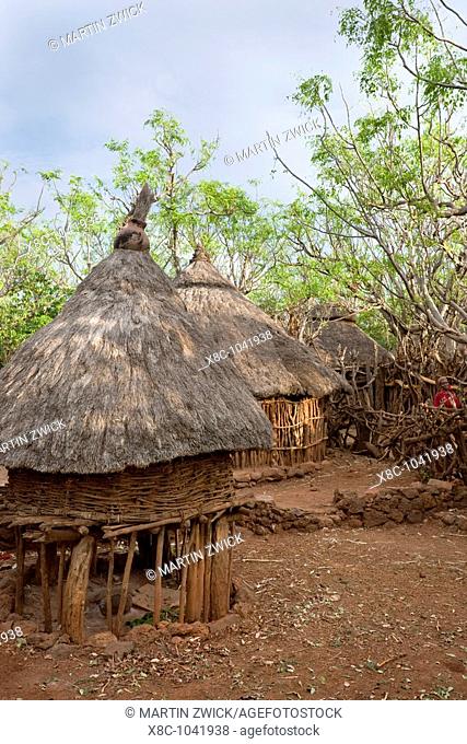 Traditional Konso village on a mountain ridge overlooking the rift valley  Inside a family compound  The Konso are living in tradtional villages with compunds...