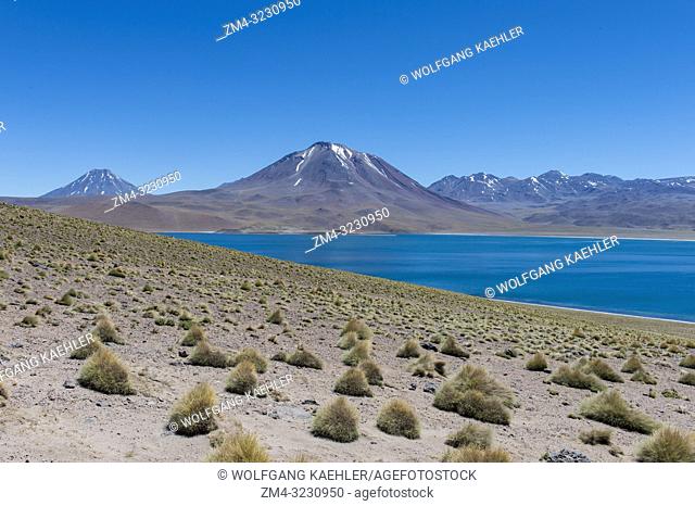 View of Miscanti volcano 5640 m (18, 504 ft. ) and Miscanti lagoon in the Los Flamencos National Reserve near San Pedro de Atacama in the Atacama Desert