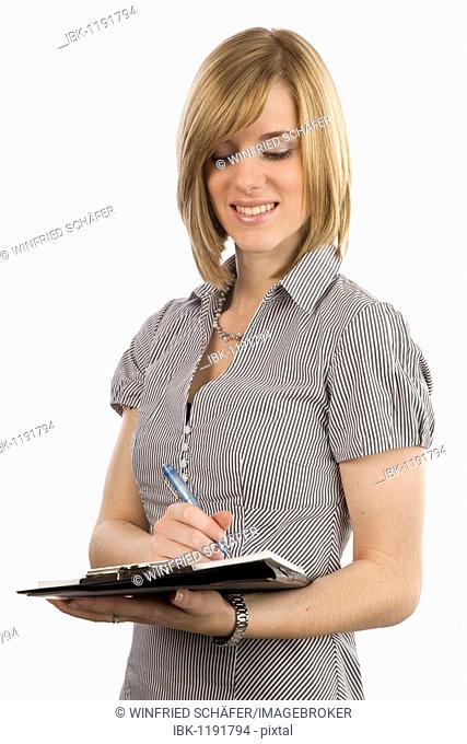 Young blonde woman holding a clipboard